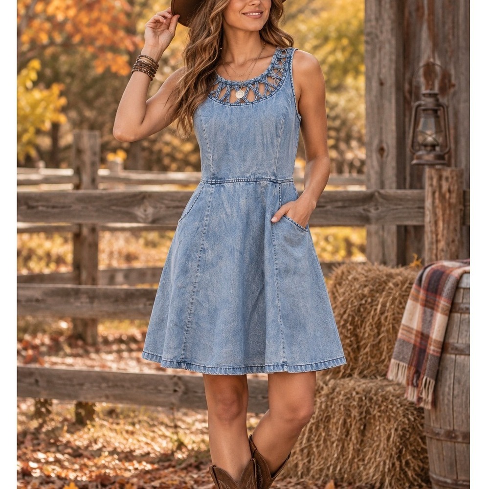 Miss Me Light Wash Denim Lattice Neckline Fit and Flare Dress Western Small